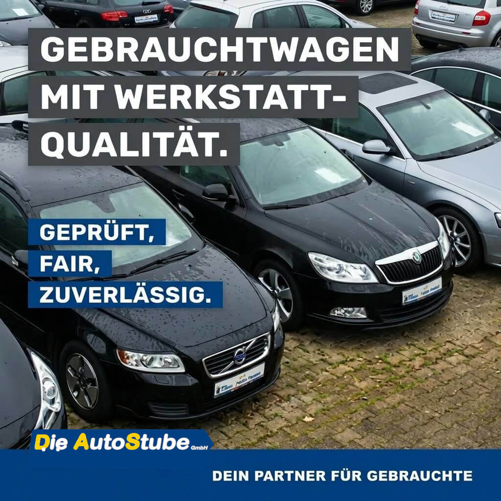 Gebrauchtwagen mit Werkstatt-Qualität – Die Autostube Social-Media-Motiv GenKI-Bild: Quadratisches Social-Media-Motiv eines Gebrauchtwagenplatzes mit mehreren Autos, links darüber weiße Headline auf dunkelgrauen und blauen Balken, unten ein blauer Streifen mit autopro-Logo und Claim „DEIN PARTNER FÜR GEBRAUCHTE.“
